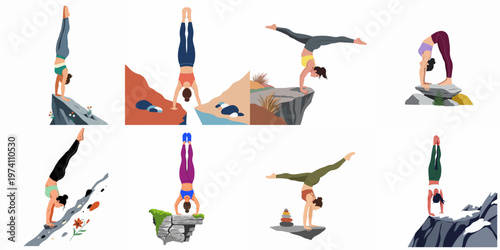 Set of illustrations featuring adventurous women practicing yoga and handstands on cliffs and mountain peaks, symbolizing balance, strength, and inner peace in nature.
