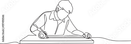 Continuous one line drawing young carpenter measuring wooden board using measurement tape, ruler, pencil. one line art icon drawing vector