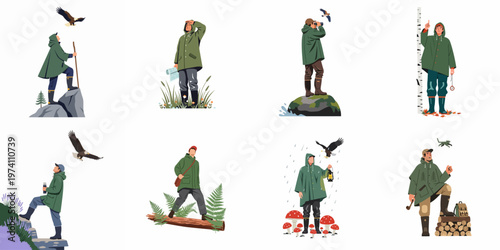 Set of vector illustrations of a male explorer in a green raincoat enjoying various outdoor activities including hiking, birdwatching, and navigating through nature.