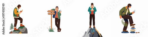 Set of illustrations featuring male explorers in vintage aviator gear navigating the outdoors with compasses on mountains, trails, and signposts.