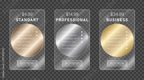 Glassmorphism pricing table with metal circles. Glossy transparent web banners for subscription plans standard, professional, business. Modern frosted glass layout for landing page, mobile app, SaaS.