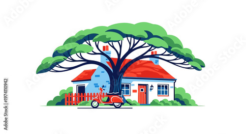 Фотография Charming cottage with lush tree and scooter a delightful silhouette on transpare