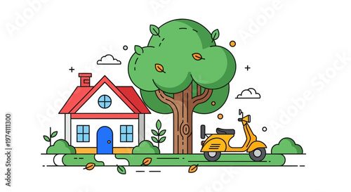 Charming house tree scooter and leaves illustration on transparent background silhouette