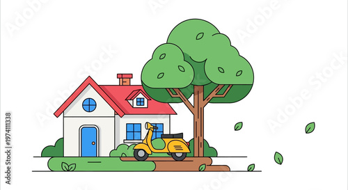 Charming house with a yellow scooter and tree on transparent background silhouette