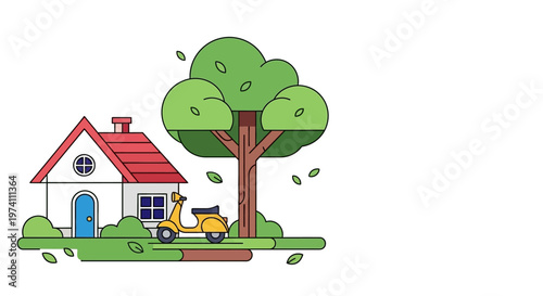 Charming house scooter and tree illustration on transparent background silhouette