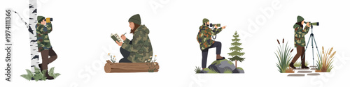 Set of Illustrations Featuring People Birdwatching and Observing Wildlife in Camouflage Clothing, Outdoors Amidst Nature Elements like Trees and Rocks.