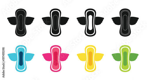 Four stylized sanitary pad icons in black blue pink yellow and green