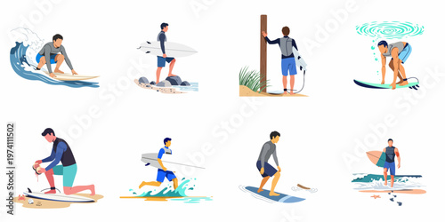 Set of flat vector illustrations depicting male surfers engaged in various beach and ocean activities like riding waves, running, and board maintenance.