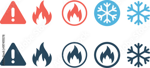 Fire and snowflake warning icons representing flammable hazards and cold temperature risks safety signs industrial labels chemical storage laboratory vector design