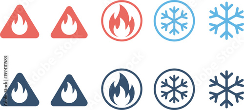 Fire and snowflake warning icon set hazard symbols for flammable and cold temperature risks safety signage industrial chemical storage laboratory vector