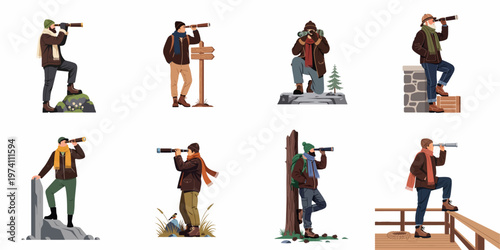 Diverse collection of men travelers and explorers looking through spyglasses and binoculars in various outdoor settings, set of flat vector characters.