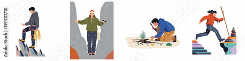 Flat vector illustration set depicting various outdoor adventure activities including rock climbing, hiking, canyon exploration, and environmental study of plants.