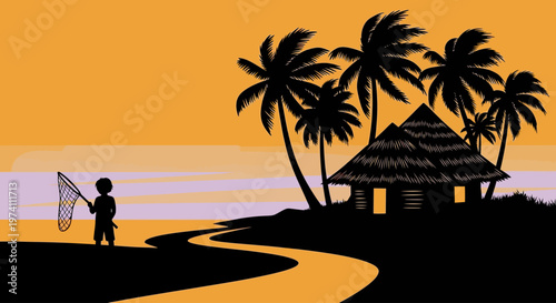 Tropical island scene with a child and hut on transparent background silhouette
