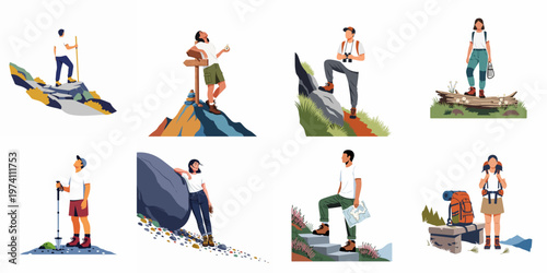 Collection of flat vector illustrations featuring diverse people hiking, trekking, and exploring various outdoor landscapes, mountain trails, and nature scenery.