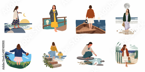 A collection of flat illustrations featuring women in peaceful coastal settings, including beaches, piers, and boats during sunset and moonlit nights.