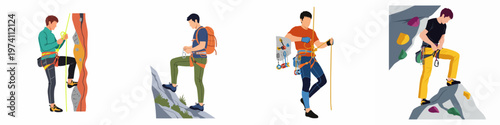 Collection of four flat vector illustrations showing male rock climbers with professional gear, ropes, and harnesses, isolated on a white background.