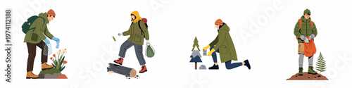 Set of hikers and volunteers cleaning up litter and plastic waste in nature, promoting environmental protection and responsible outdoor activities.