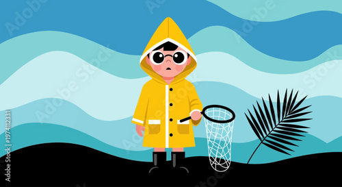 Child in yellow raincoat with butterfly net on transparent background silhouette