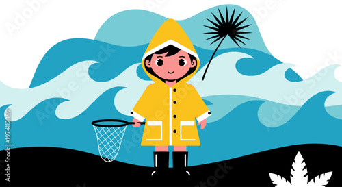 Child in yellow raincoat catching butterflies digital illustration on transparent background silhouette