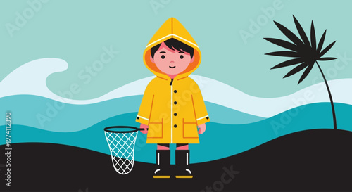 Child in yellow raincoat with net beach scene on transparent background silhouette