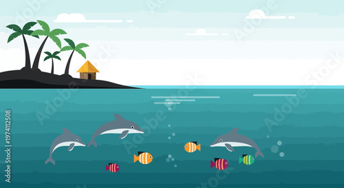 Tropical island scene with palm trees beach hut and marine life silhouette on transparent background