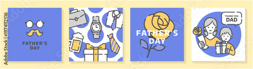 フラット線画とくすみブルー配色の父の日カードデザイン4種セット｜メガネとヒゲ・ギフト・バラ・親子イラストのミニマル構成ベクター