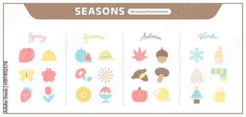 パステルカラーで季節モチーフをまとめた四季アイコン24点セット｜春夏秋冬を分割配置したシンプルフラットベクター素材
