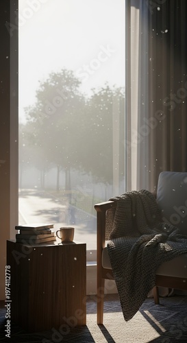 Cozy interior scene with sunlight streaming through window.