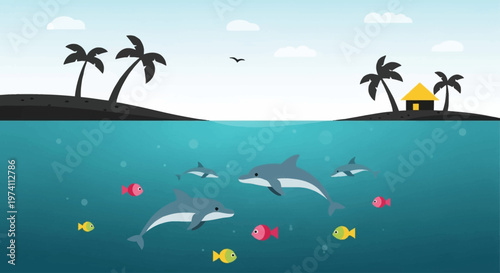 Tropical ocean scene with dolphins and palm trees on transparent background silhouette