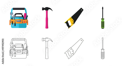 Collection of colorful and outlined hand tools including a toolbox and hammer