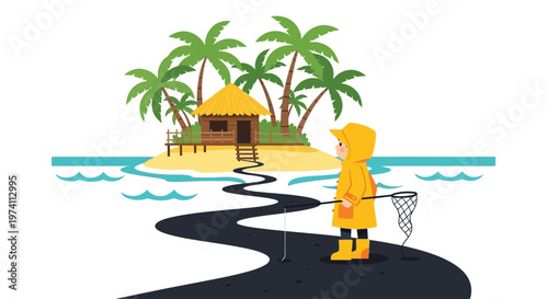 Child with net observing island hut palm trees on transparent background silhouette