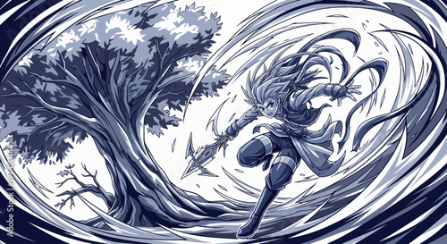 Anime Warrior Woman in Dynamic Pose with Spear, Surrounded by Swirling Energy and Ancient Tree