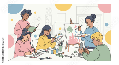 Diverse group of adults engaging in creative art class with colorful decorations in bright lighting for educational marketing