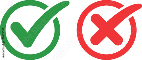 Green checkmark and red cross icons in circles indicating correct and incorrect answers selections decision symbols vector design