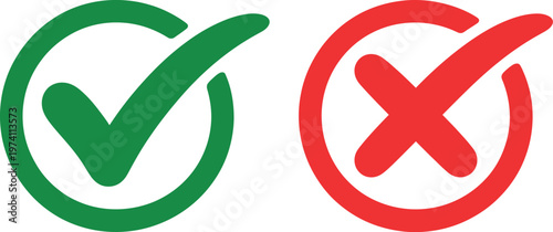 Checkmark and cross icons green checkmark inside circle and red cross inside circle representing correct and incorrect choices vector illustration