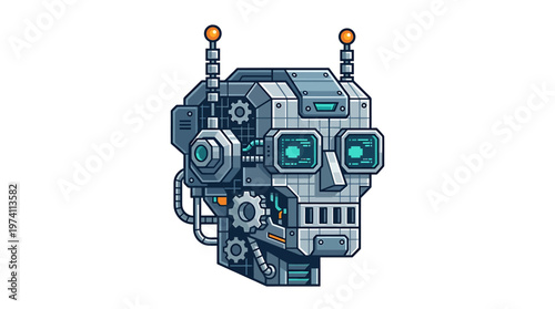 Pixel Art Robot Head with Mechanical Details, Digital Illustration of a Futuristic Android Face with Glowing Eyes and Antennae