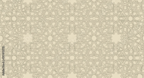 Intricate geometric pattern with repeating shapes and lines on beige background