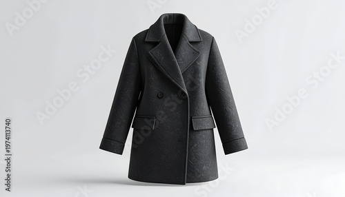 A 3D rendered, dark gray wool overcoat against a light gray backdrop