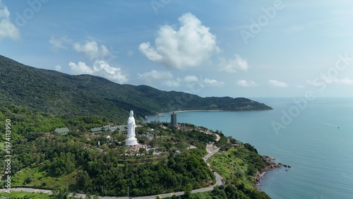 Canvastavla Linh Ung Pagoda, Son Tra Peninsula, Da Nang, Vietnam – 4K aerial drone footage of Buddhist temple, Lady Buddha statue, coastal mountains, tropical bay