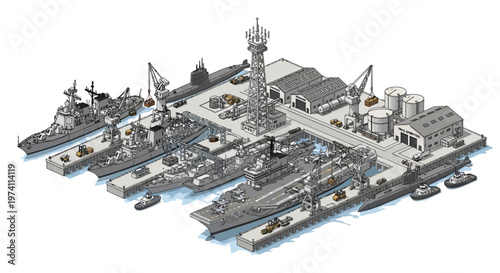 A 3D isometric illustration presents a detailed military base with warships docked at the pier, various support buildings and vehicles arranged around a central control tower, all set
