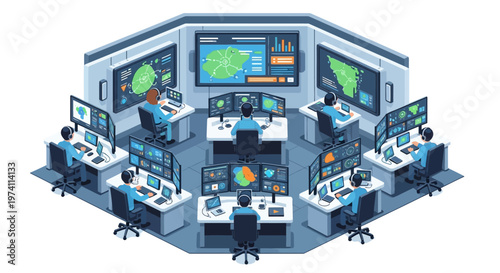 Isometric 3D vector illustration showcasing a military headquarters with personnel planning logistics on monitors arranged in a circular formation, presenting a detailed army base strategy