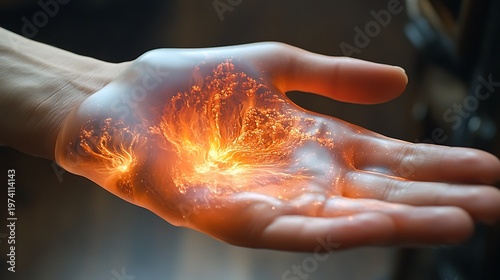 Glowing hand holding fire energy