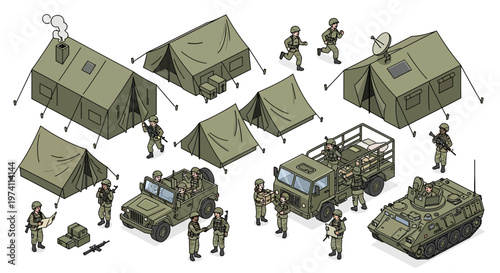 Isometric 3D vector illustration showcases a detailed military base planning layout featuring various tents, vehicles, and soldier figures, arranged on a white background that enables