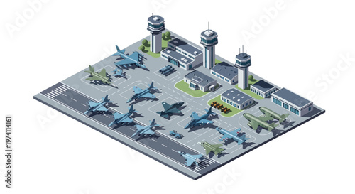 Detailed 3D isometric illustration showing a military airbase with various fighter jets and control towers on the tarmac, presented as a strategic planning map in a logistics and defense