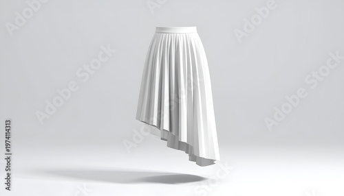 A floating, white, pleated skirt with an asymmetrical hem against a soft, gray backdrop