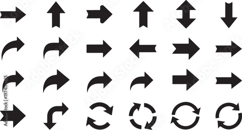 Collection of various black arrow icons on white