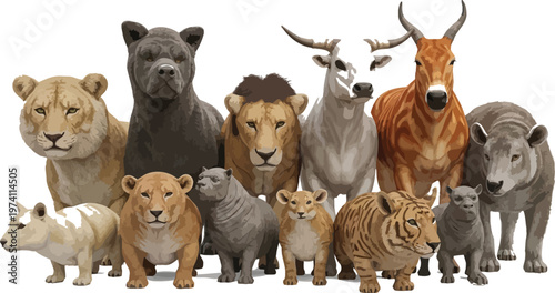 A group of toy animals standing together on a plain background