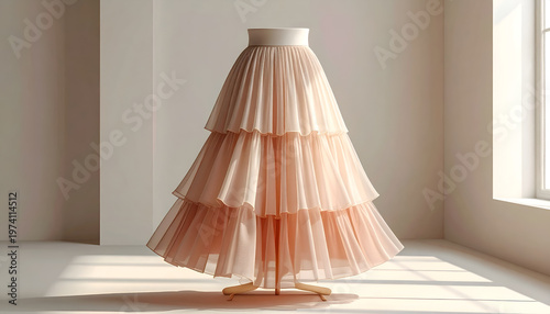 A layered, blush-pink skirt displays on a mannequin within a sunlit, minimalist room