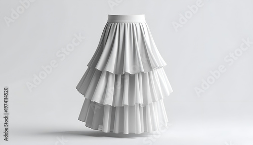 A three-tiered white skirt floats in front of a white backdrop, soft light, shadow