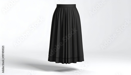 A floating, long, black pleated skirt against a soft, white background